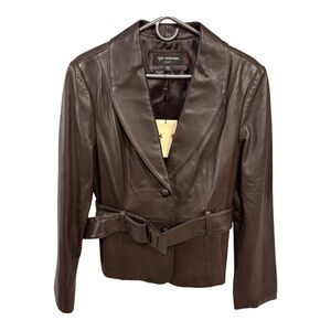 NWT St. John Coats Dark Brown Leather Belted Blazer Jacket Sz L